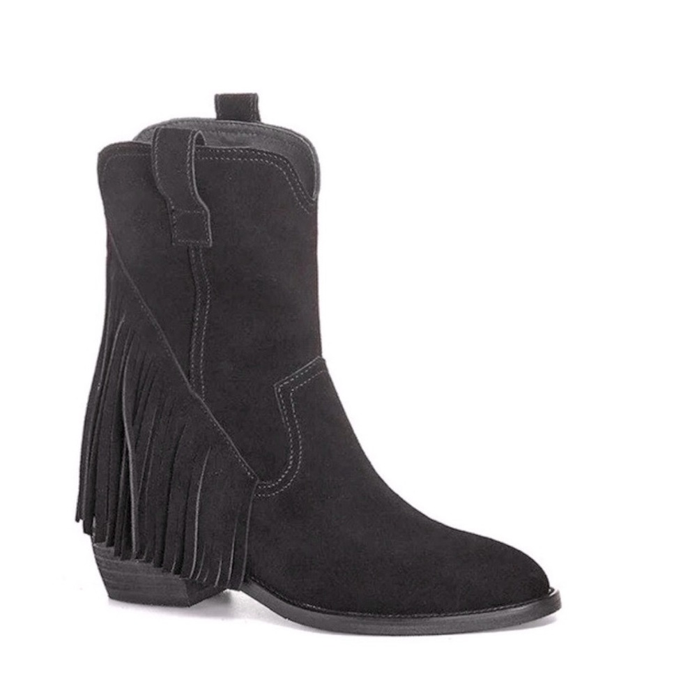Black vegan leather Pointed toe low cowboy boots with fringe low heel new 8